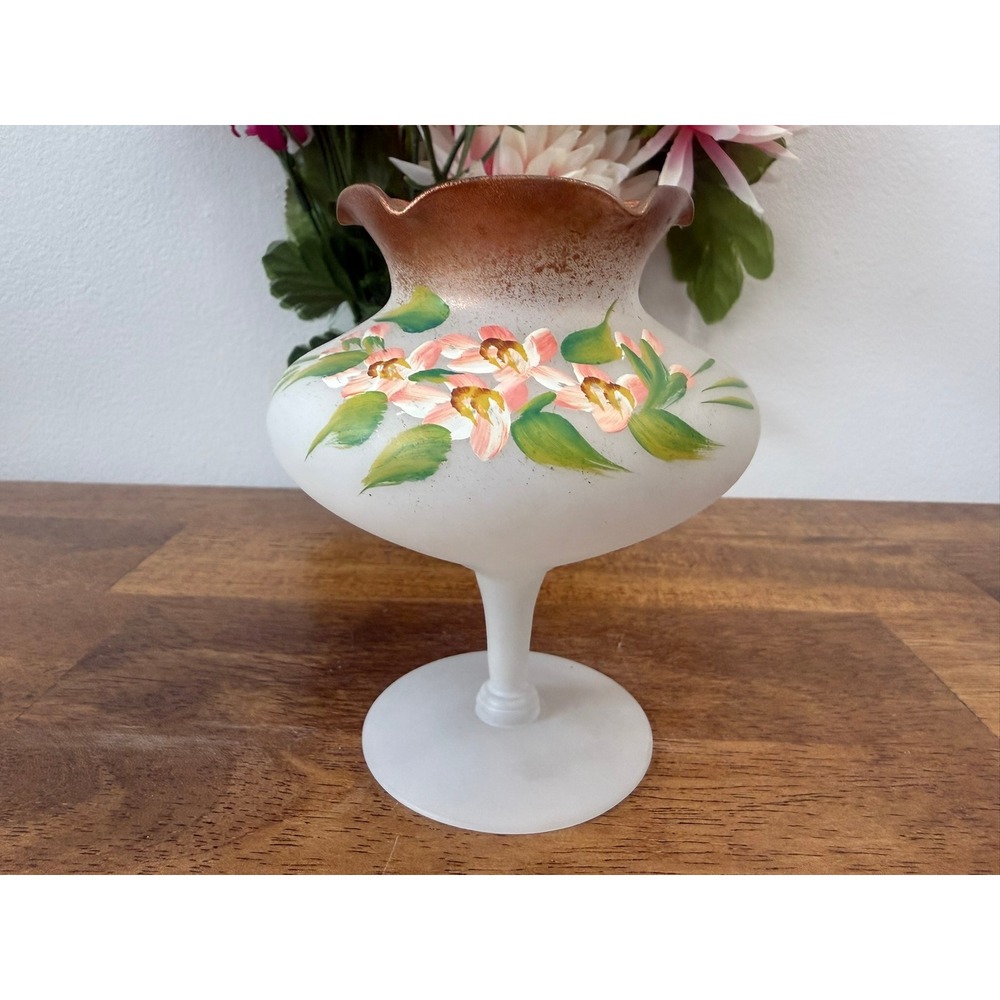 Vintage‎ Frosted Glass Pedestal Vase Hand Painted Pink Flowers Copper Rim MCM